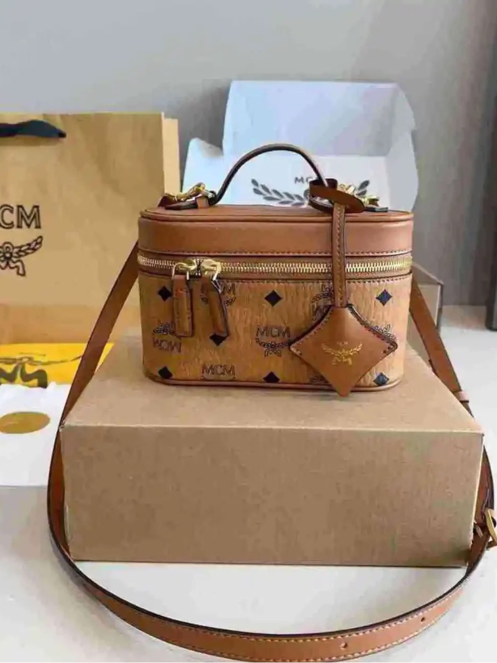 MCM Cognac Visetos Mini Vanity Crossbody with Gold Hardware